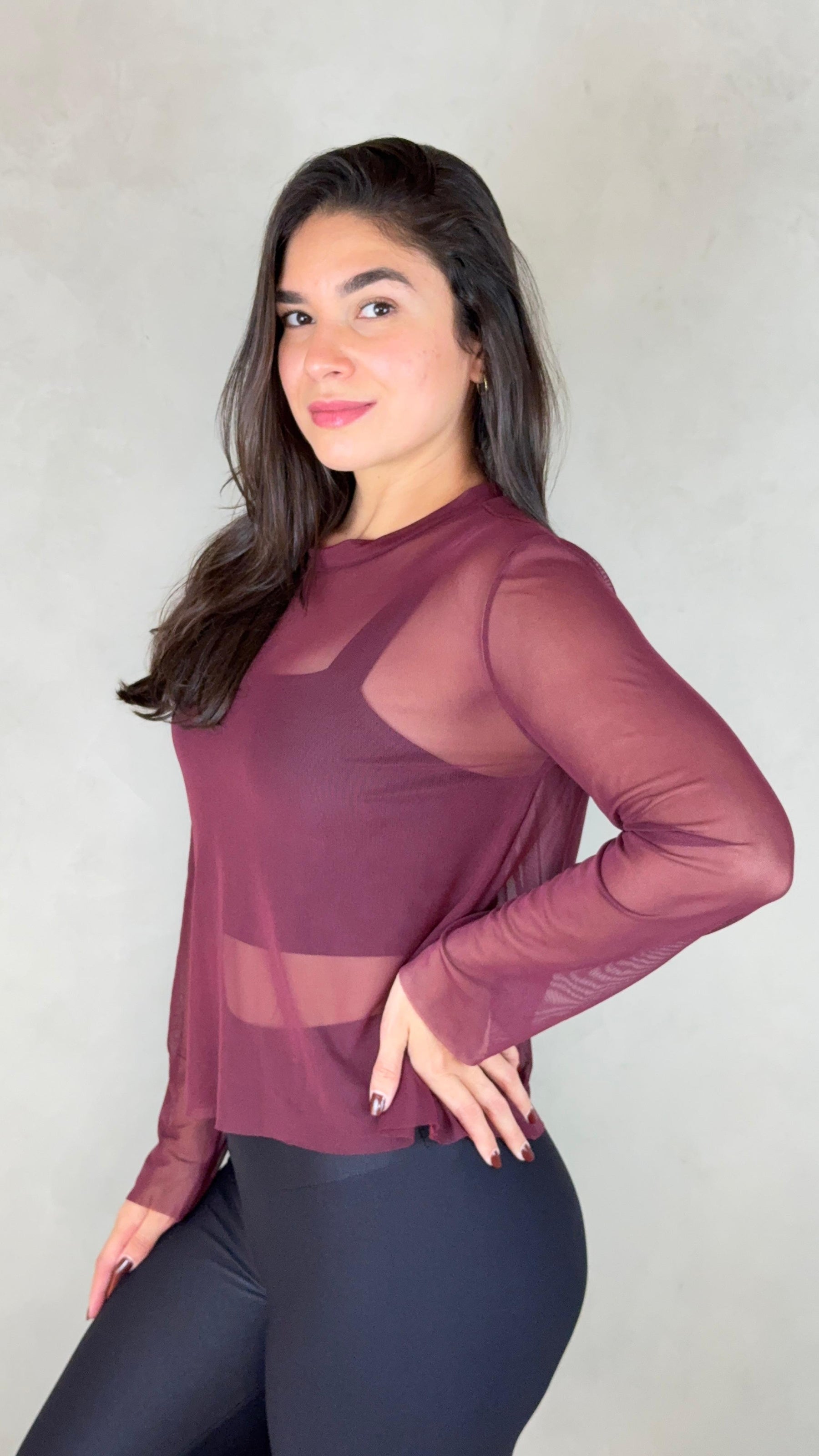 Blusa Tule Manga Longa - Vinho