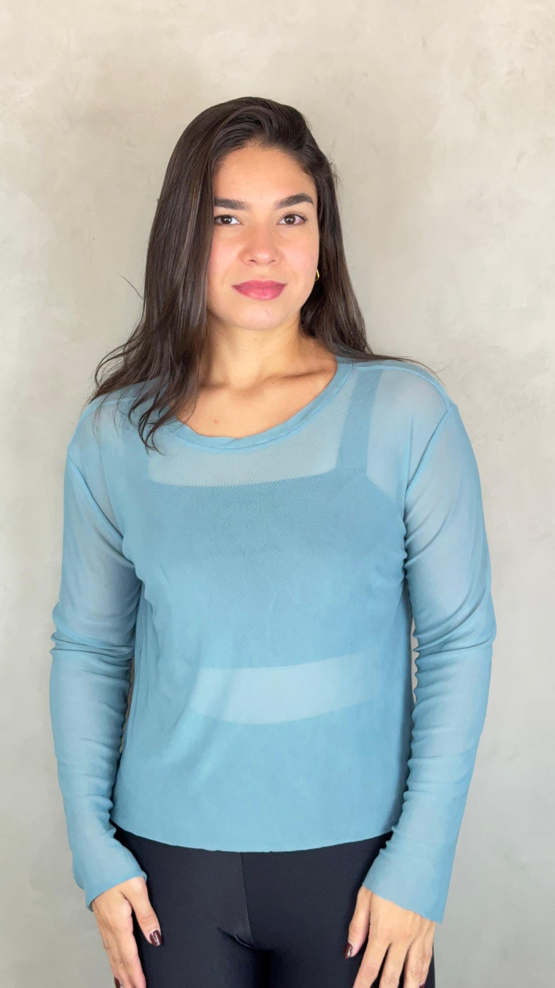 Blusa Tule Manga Longa - Azul Petróleo