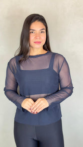 Blusa Tule Manga Longa - Azul Marinho