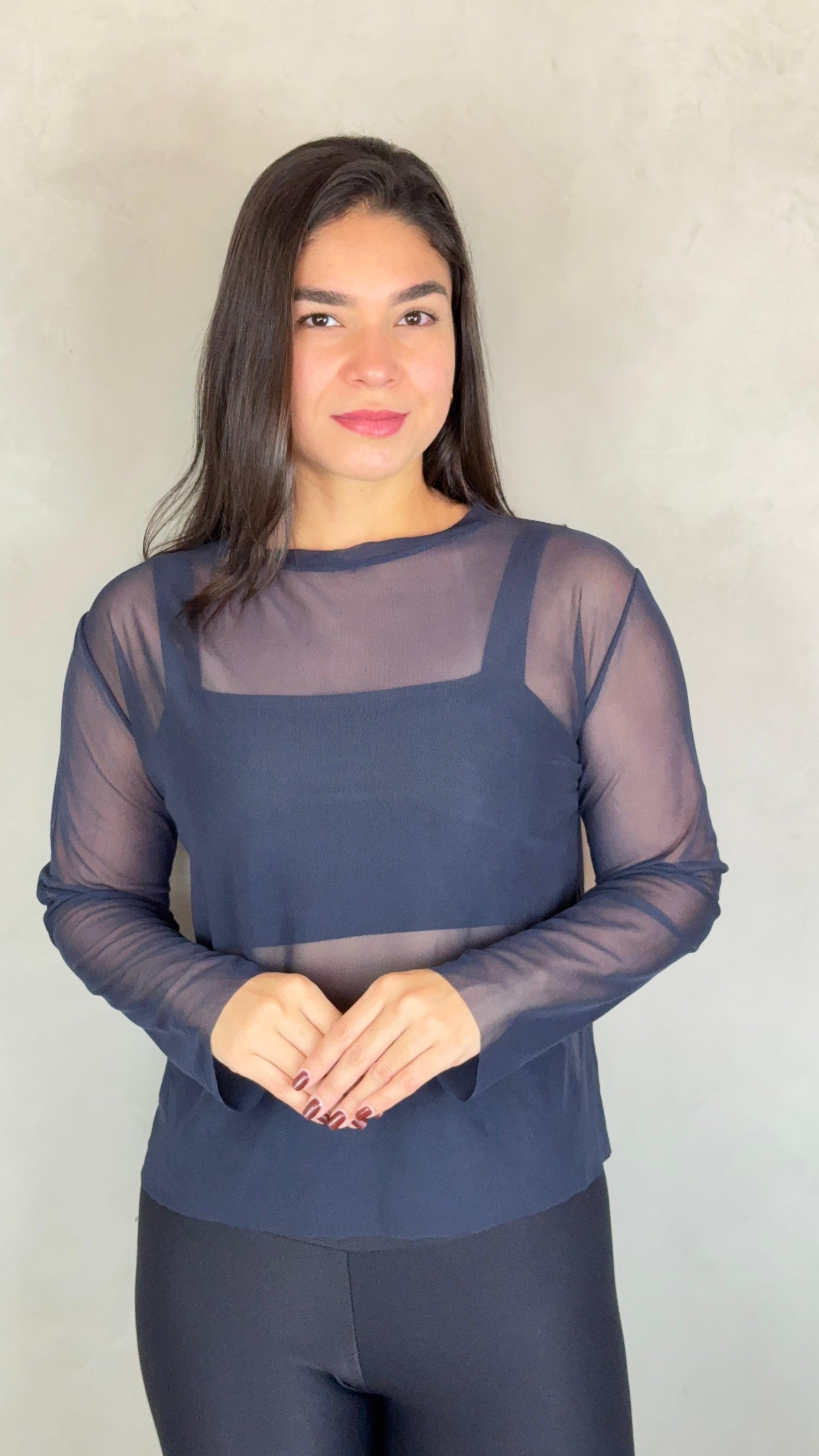 Blusa Tule Manga Longa - Azul Marinho