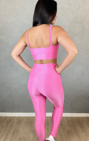 Conjunto Aveludado de Compressão Legging + Top Bia Rosa Bebê
