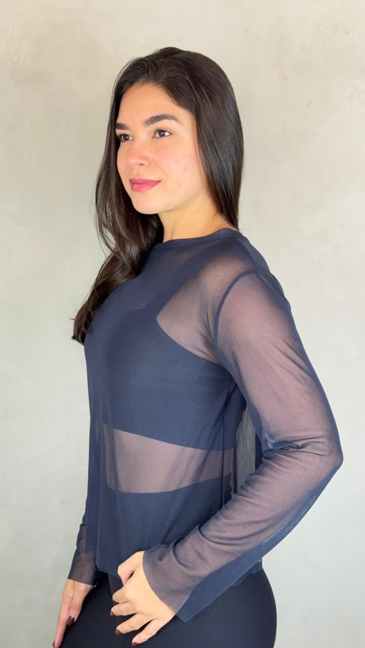 Blusa Tule Manga Longa - Azul Marinho