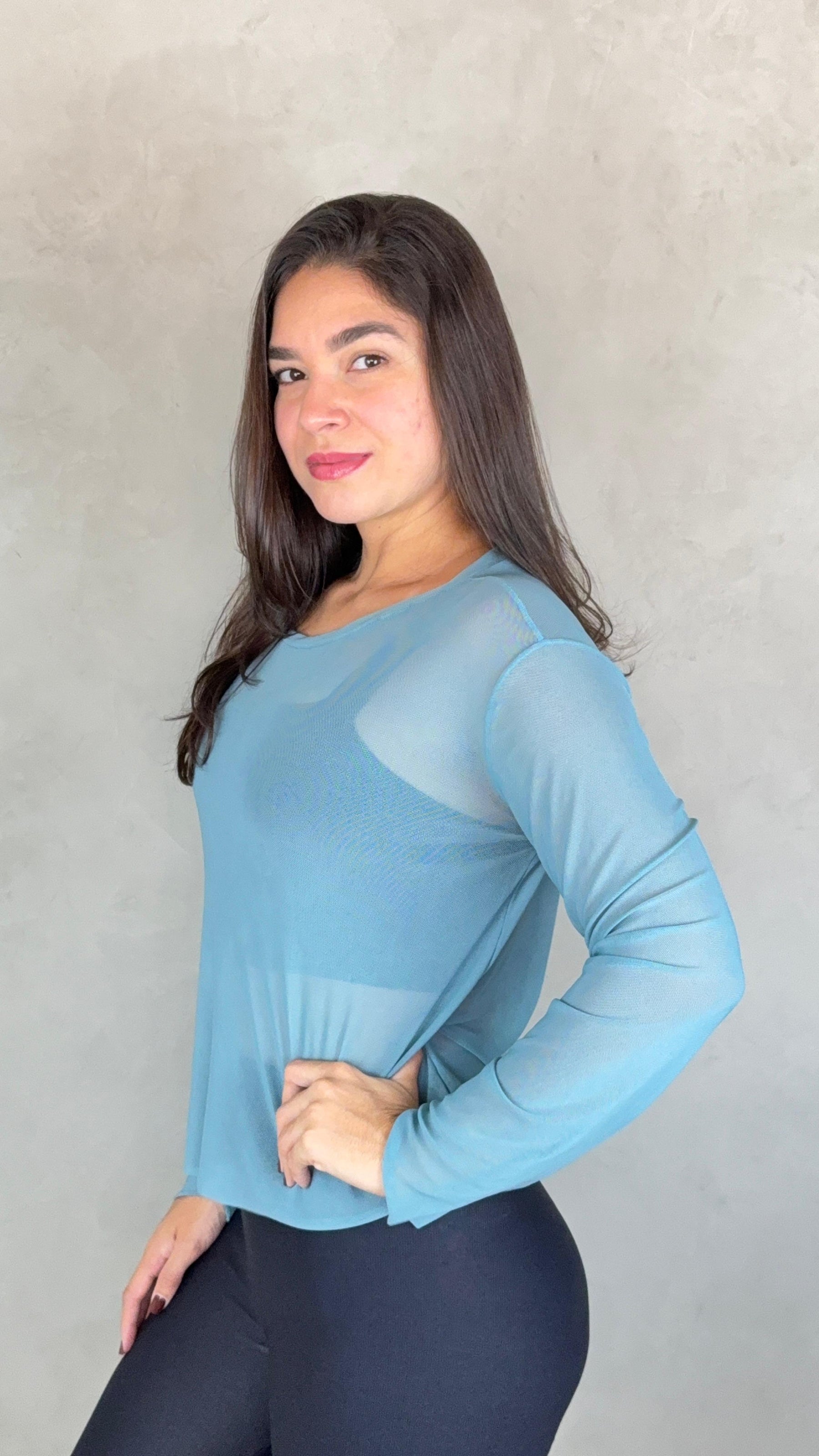 Blusa Tule Manga Longa - Azul Petróleo
