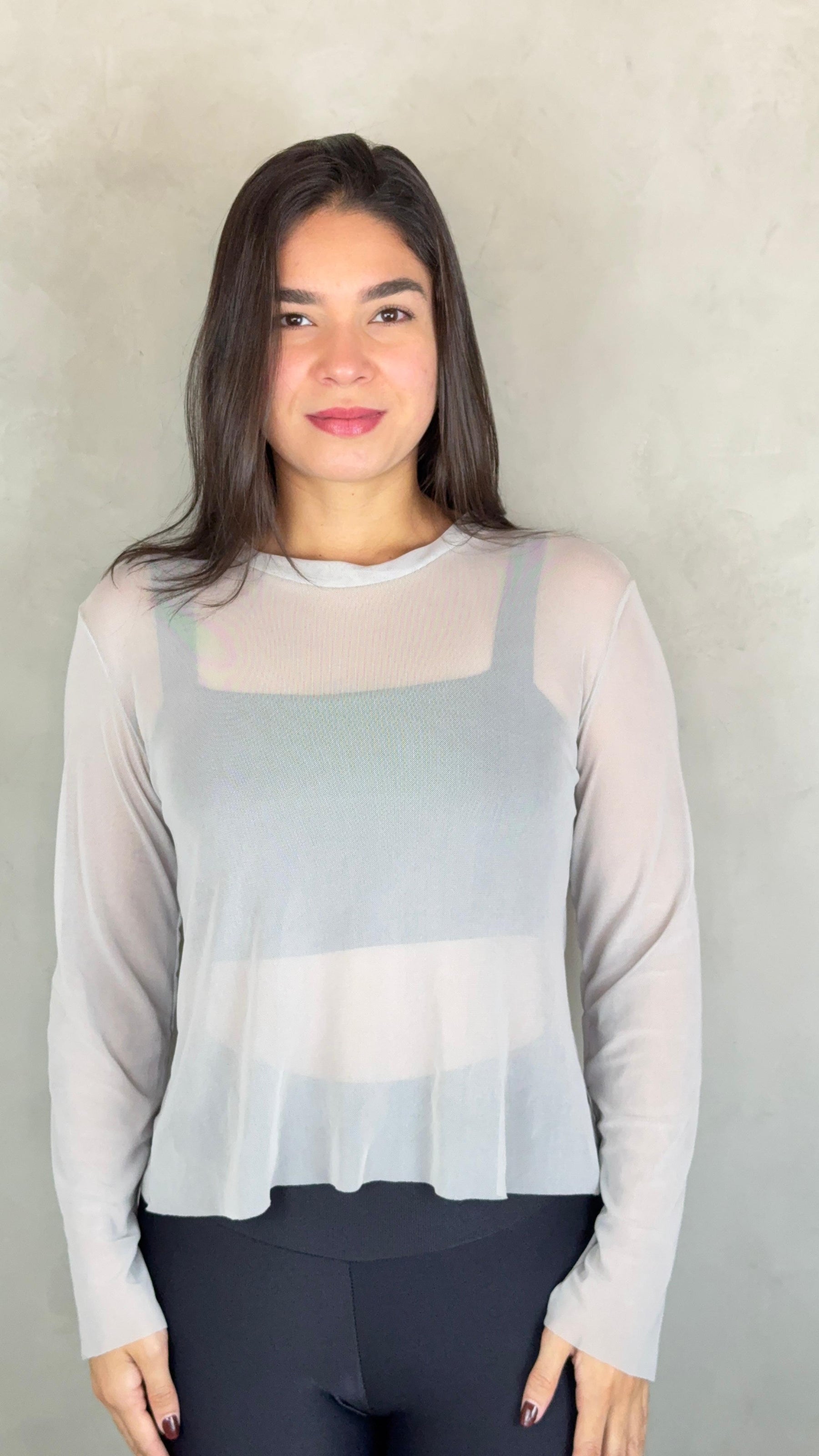 Blusa Tule Manga Longa - Prata