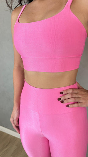 Conjunto Aveludado de Compressão Legging + Top Bia Rosa Bebê